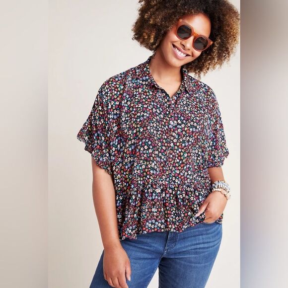 Mauve by Anthropologie Button Up Ruffle Black Floral Collared Top Size Small - Picture 1 of 16